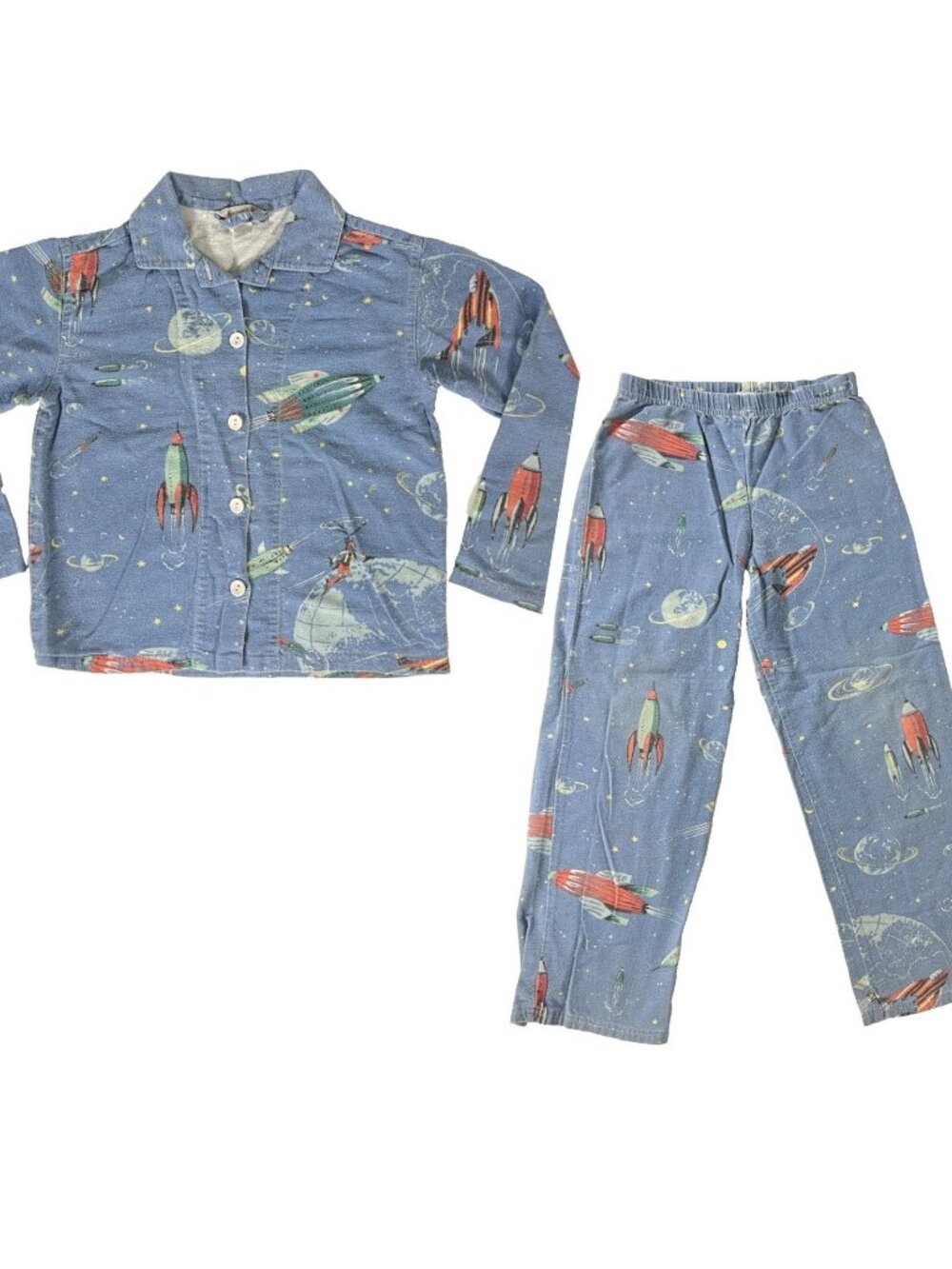 Garnet Hill Space Rocket SpaceShip Kids PJs size 8 Flannel Pajamas Top + Bottom